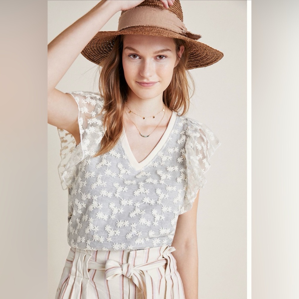 Anthropologie Amadi April Lace Flutter Sleeve Top